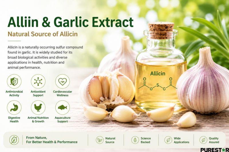 allicin garlic extract natural sulfur compound fresh garlic bulbs botanical extract scientific wellness ingredient antioxidant antimicrobial nutrition research