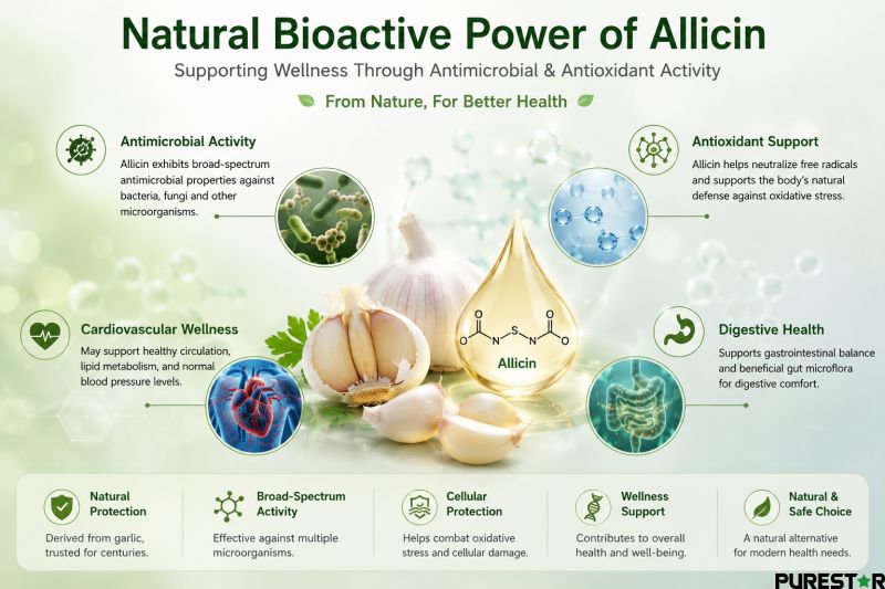 natural bioactive power of allicin garlic extract antimicrobial activity antioxidant support cardiovascular wellness digestive health botanical compound infographic