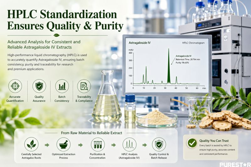 HPLC standardization and quality control analysis of Astragaloside IV extract with chromatogram laboratory testing and purity verification concept