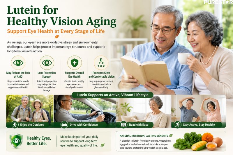 Lutein for healthy vision aging infographic featuring senior adults and eye wellness support for macular degeneration and long-term visual health