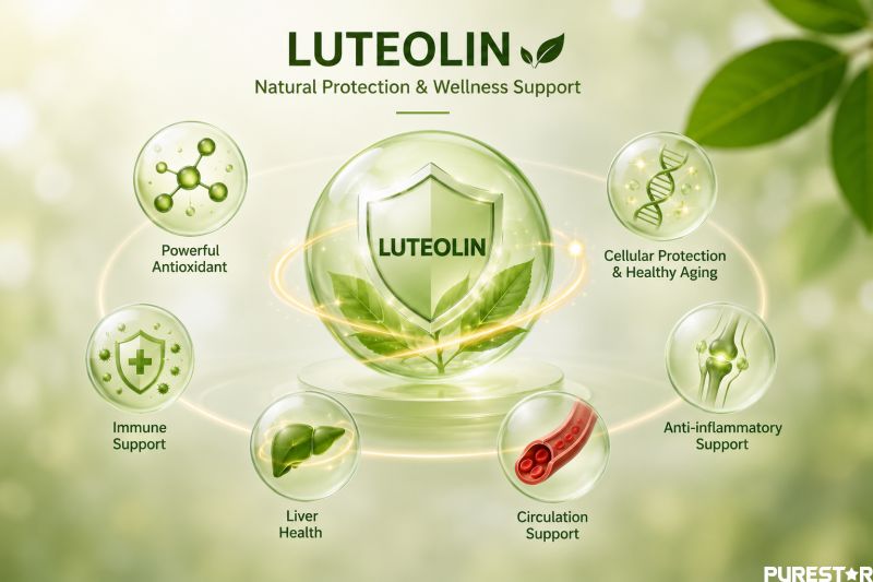 Luteolin antioxidant and wellness support infographic highlighting immune support, liver health, anti-inflammatory support, circulation support, and healthy aging applications
