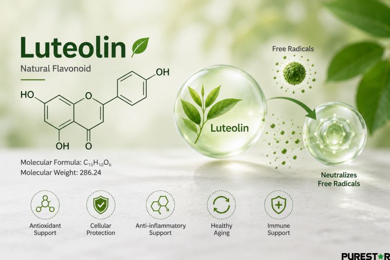 Luteolin molecular structure infographic showing antioxidant activity, free radical scavenging, cellular protection, and natural flavonoid benefits
