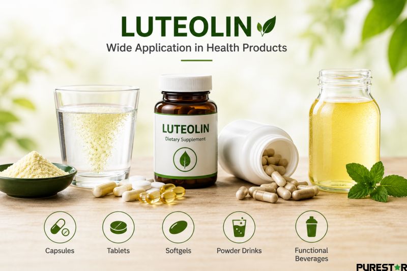 Luteolin powder applications in dietary supplements, capsules, tablets, softgels, functional beverages, and nutraceutical formulations