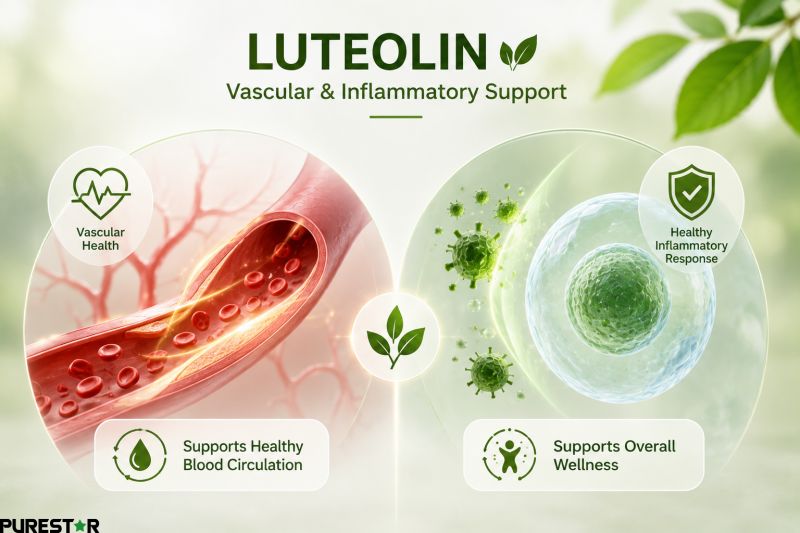 Peanut shell extract luteolin vascular health and inflammatory response support infographic with antioxidant and circulation wellness concept