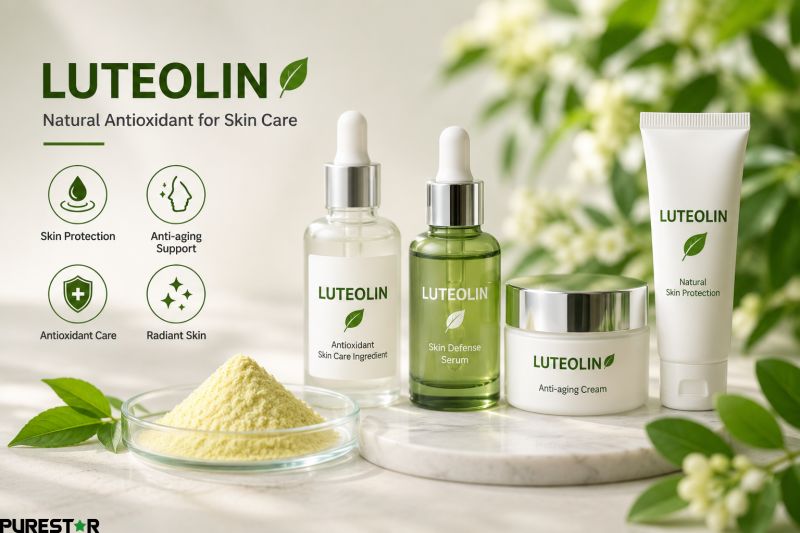 Luteolin skincare and cosmetic application image featuring antioxidant serum, anti-aging cream, skin protection, and botanical cosmetic ingredients
