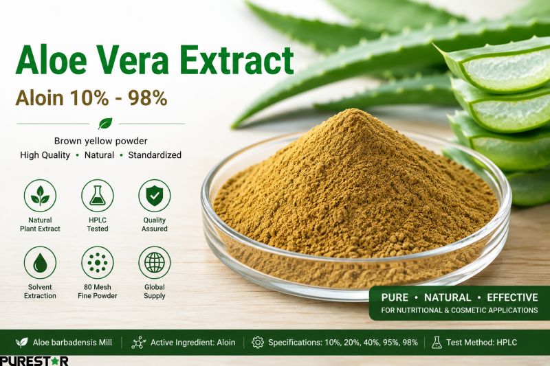 Aloe Vera Extract Aloin powder 10% to 98% HPLC standardized botanical ingredient for nutraceutical and wellness formulations