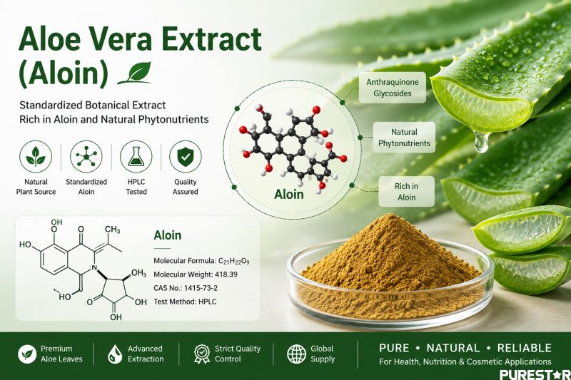 Aloe Vera Extract Aloin molecular structure and standardized botanical extract infographic for health supplement manufacturers