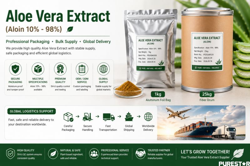 Aloe Vera Extract bulk packaging with 1kg aluminum foil bag and 25kg fiber drum for OEM wholesale and global supply distribution
