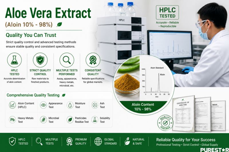 Aloe Vera Extract HPLC tested quality control laboratory testing infographic with COA MSDS and standardized Aloin analysis