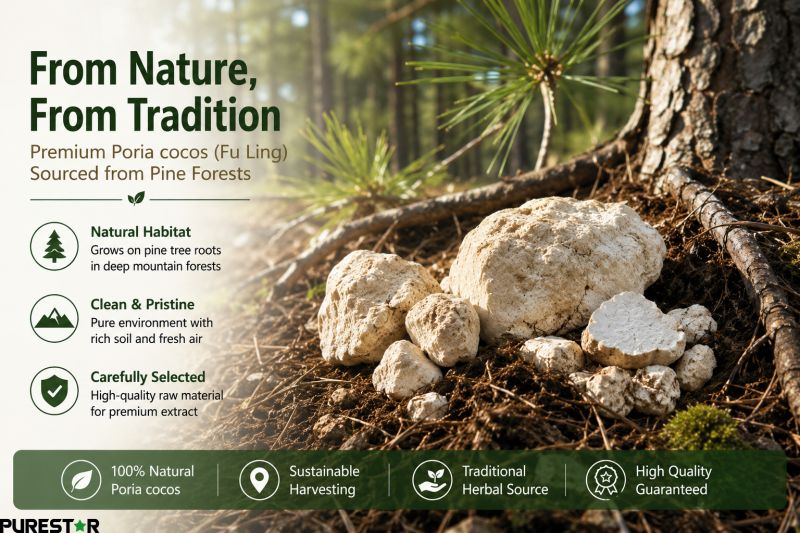 Natural Fu Ling mushroom growing near pine tree roots for premium Poria Cocos Extract production
