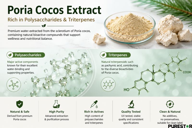 Poria Cocos Extract polysaccharides and triterpenes molecular ingredient composition infographic