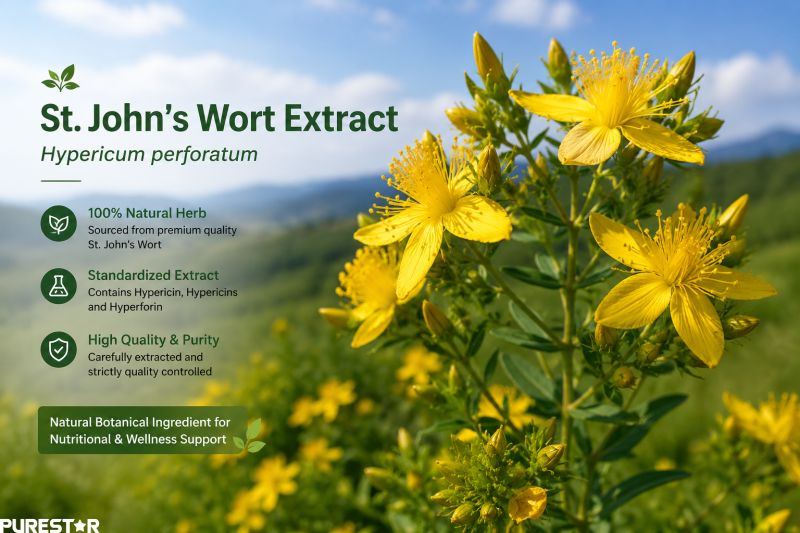 St. John’s Wort Extract plant with yellow Hypericum perforatum flowers in natural field, botanical herbal extract raw material for Hypericin and Hyperforin supplement manufacturing