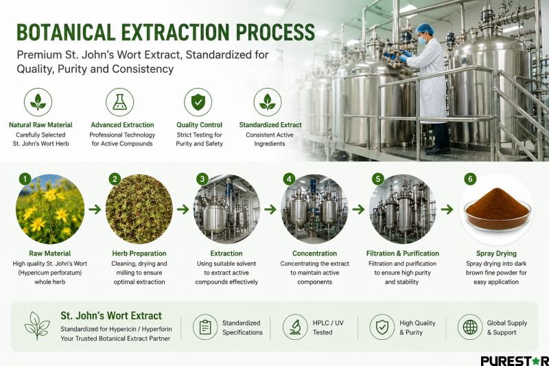 St. John’s Wort Extract botanical extraction process infographic showing Hypericum perforatum herb extraction, concentration, purification, spray drying, and standardized herbal extract production