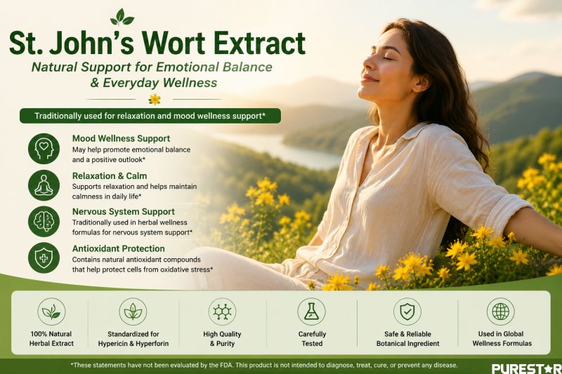 St. John’s Wort Extract emotional balance and relaxation support herbal supplement image with natural botanical wellness concept and Hypericum perforatum flowers