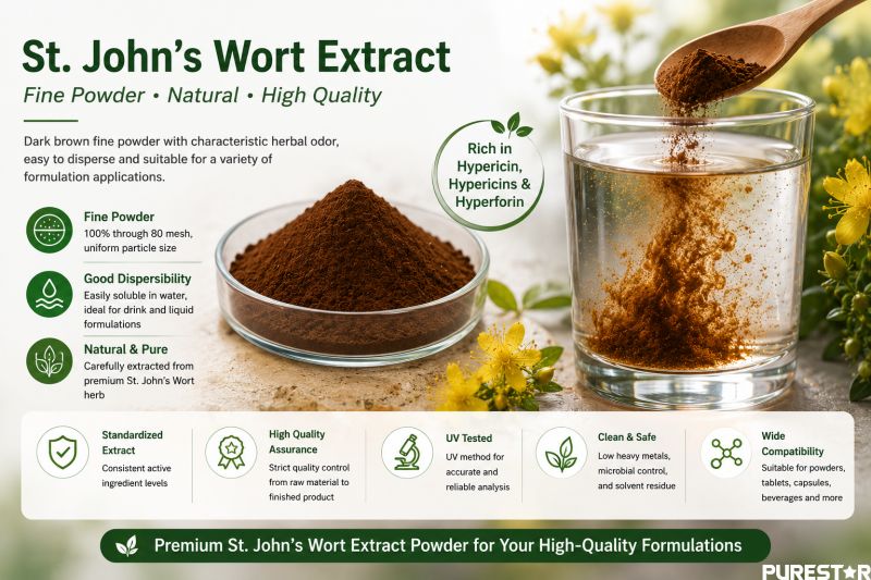 St. John’s Wort Extract fine powder and water dispersibility demonstration with Hypericin standardized herbal extract for beverage and capsule formulations
