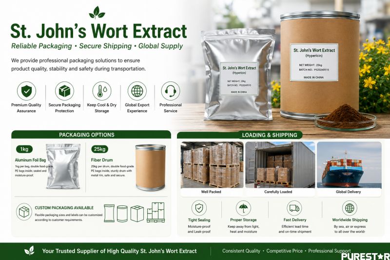 St. John’s Wort Extract bulk packaging image with 1kg aluminum foil bag, 25kg fiber drum, OEM botanical extract supply, and global export packaging solutions