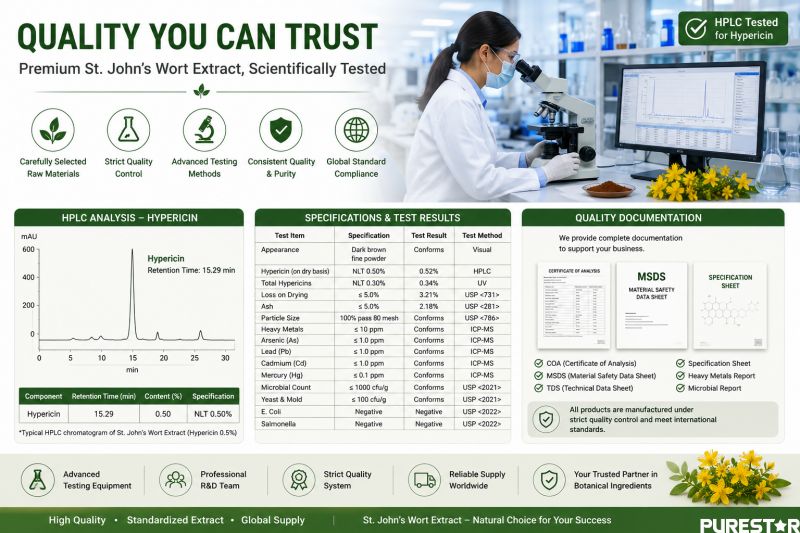 St. John’s Wort Extract HPLC testing and quality control laboratory infographic with Hypericin analysis, COA, MSDS, specification sheet, and standardized botanical extract testing
