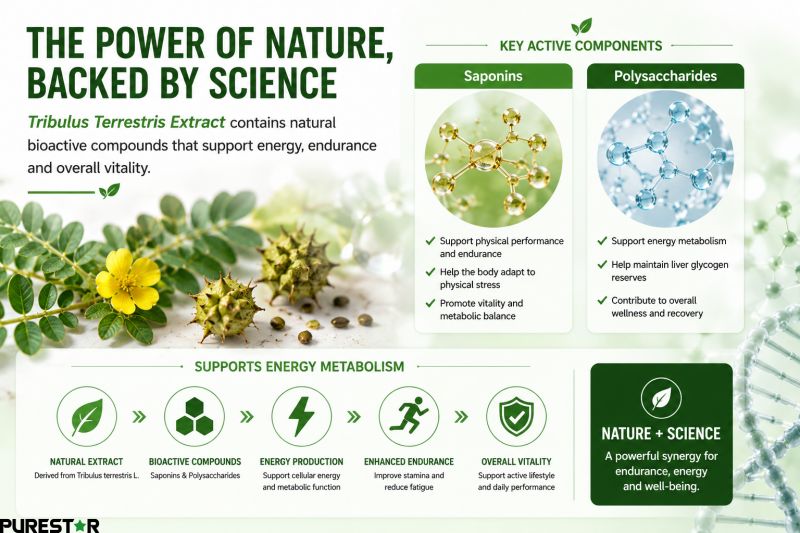 Tribulus terrestris extract saponins and polysaccharides infographic for energy metabolism and vitality support