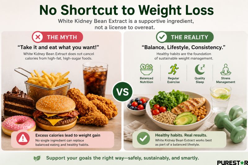 White kidney bean extract weight loss myth versus healthy lifestyle comparison infographic with balanced nutrition and realistic wellness approach