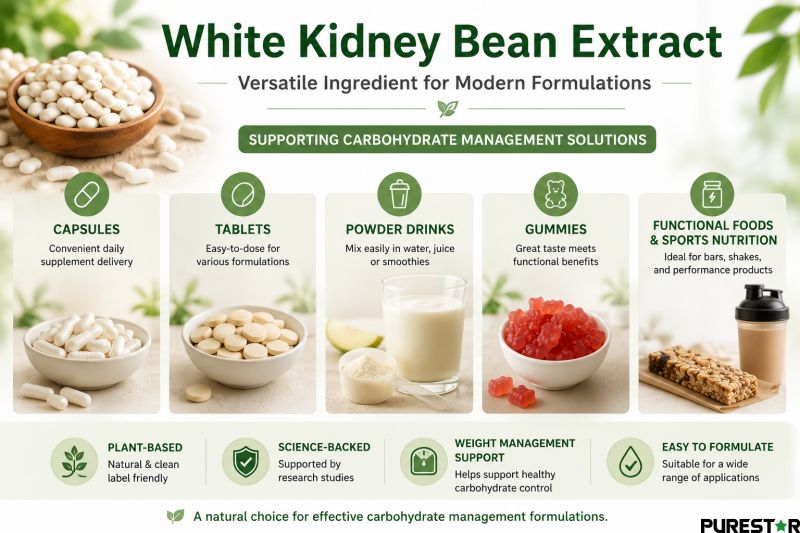 White kidney bean extract applications in capsules tablets gummies powder drinks and functional nutrition products for carbohydrate management support