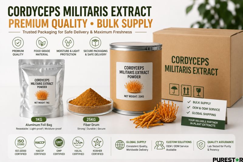 Bulk Cordyceps Militaris Extract powder packaging 1kg aluminum foil bag and 25kg fiber drum supplier