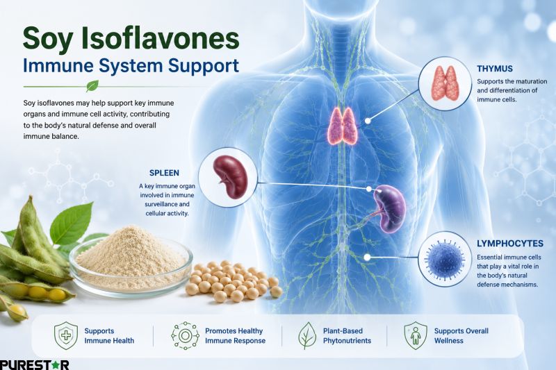 Soy Isoflavones and immune system support with spleen thymus and lymphocyte health illustration