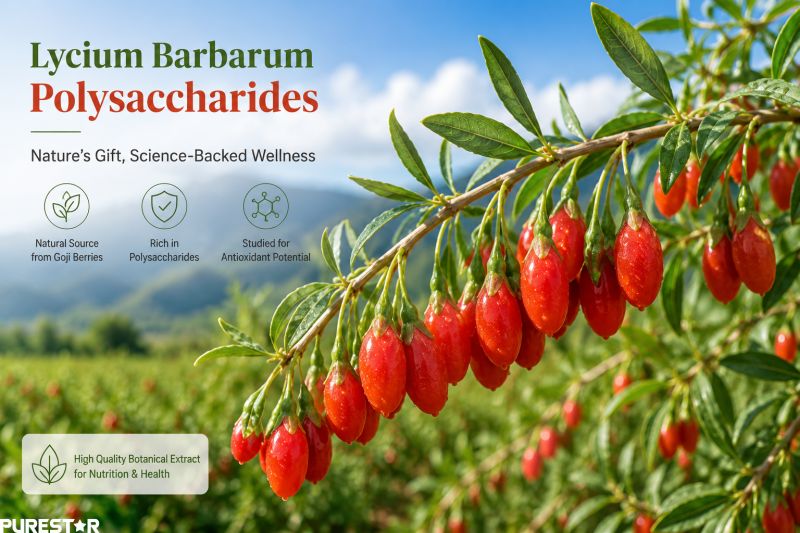 Lycium Barbarum Polysaccharides naturally sourced from fresh goji berries with antioxidant potential for dietary supplements and functional foods.