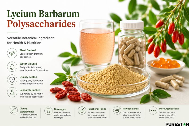 Lycium Barbarum Polysaccharides botanical extract used in dietary supplements, functional beverages, capsules, and health food applications.